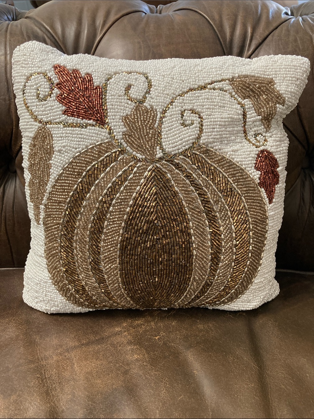 Beaded Fall Pumpkin Accent Pillow in Cream and Brown